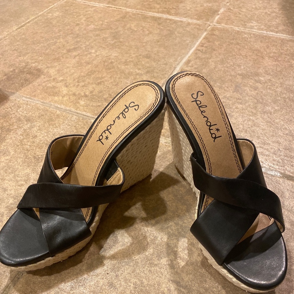 Black leather wedge sandals